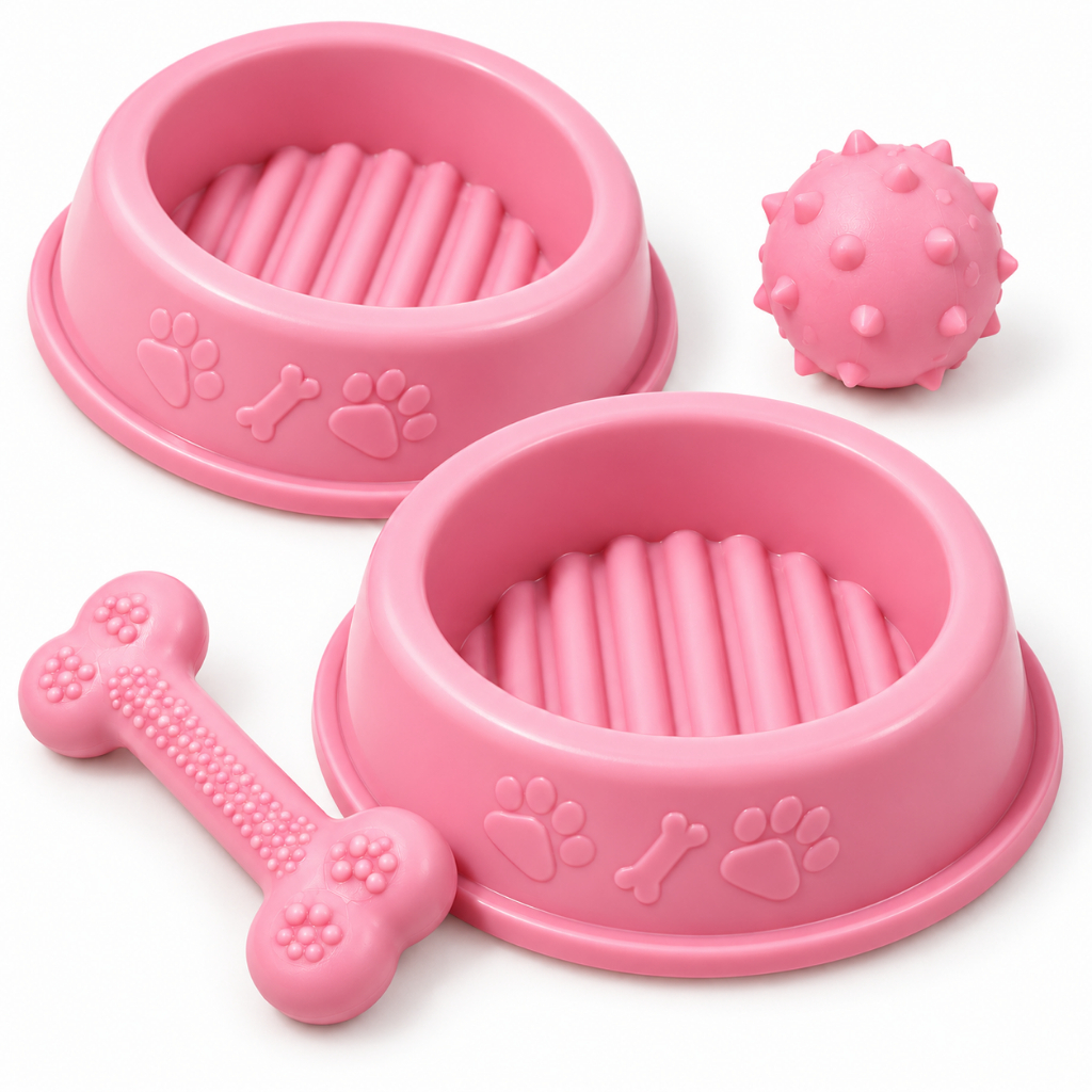 Kit Enxoval Pet Comedouro e Bebedouro Anti Formiga Pote Ração Cachorro Gato + Brinquedo Osso Bolinha