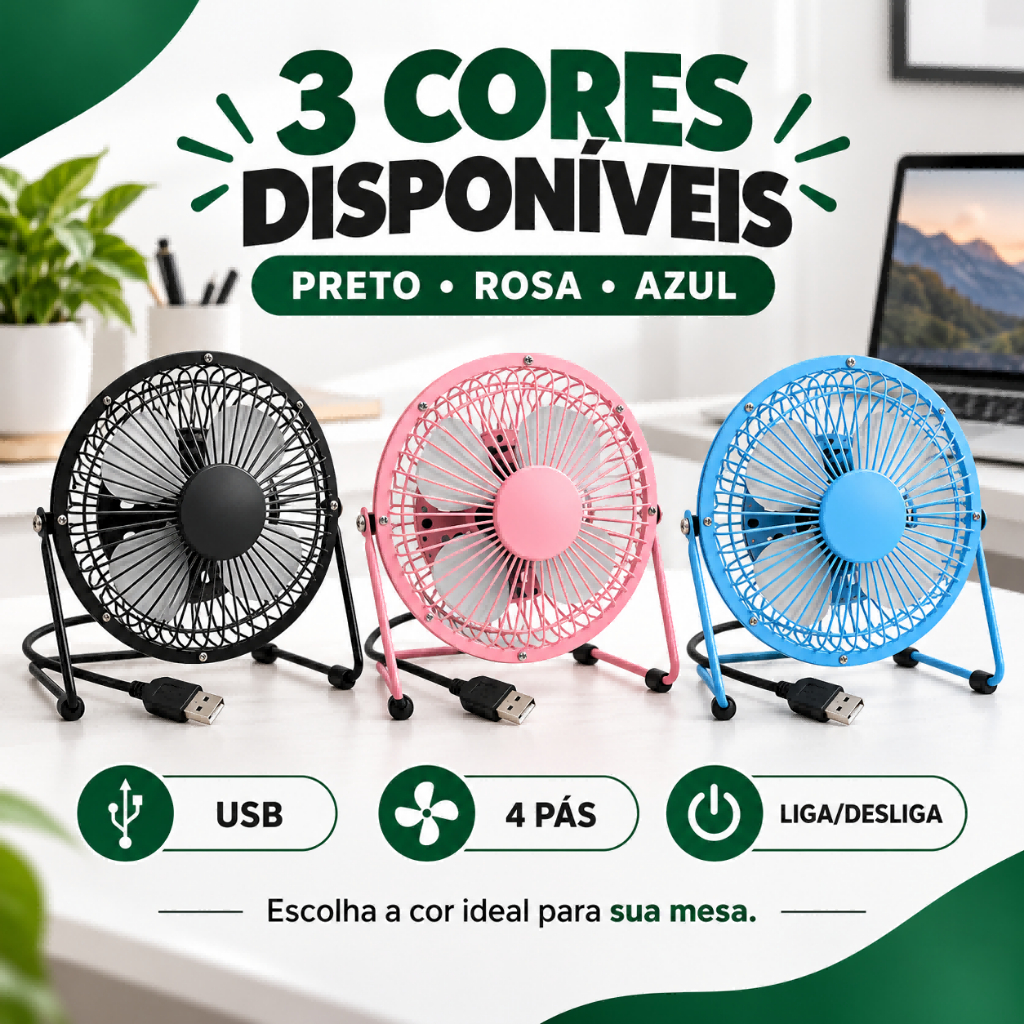 Mini Ventilador USB de Mesa Oásis 14,5cm 4 Pás de Metal Liga Desliga Portátil Inclinável