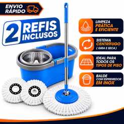 Mop Esfregão Com Rodinhas Giratório 13 Litros Cesto Aço Inox Com Refil Cabo de 130cm 360°