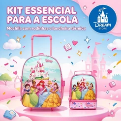 Kit Mochila de Rodinhas Princesas Pré Escolar Feminina Disney