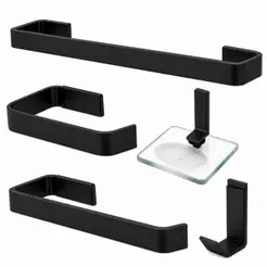 Kit Acessórios para Banheiro 5 Peças Modelo Athena Aço Inox Preto Fosco Porta Toalha Saboneteira Gancho
