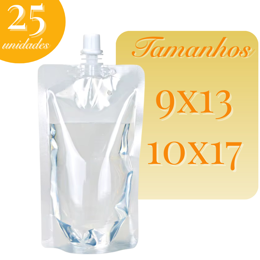 Saco Squeeze 25Un Stand Up Pouch C/ Tampa Lacre Garrafa Transparente