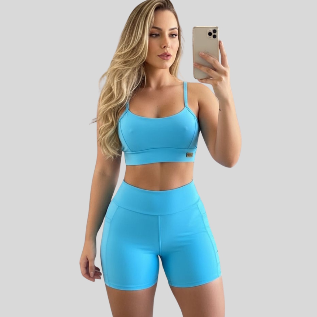 Conjunto Academia Feminino Suplex Power Zero transparência top de Alcinha Short Com Bolso Treino e Corrida em Oferta na Shopee