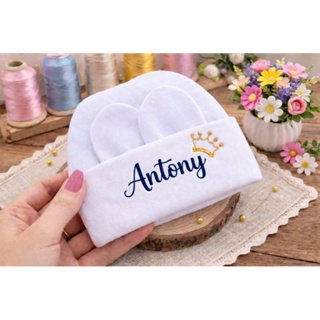 kit Touca e Luvas personalizado Recém Nascido Maternidade Malha Algodão Super Macia em Oferta na Shopee