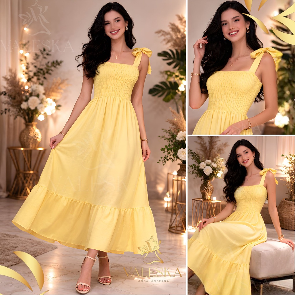 Vestido Feminino longo verão alças ajustáveis lastex FESTA elegante luxo TECIDO PREMIUM CO...