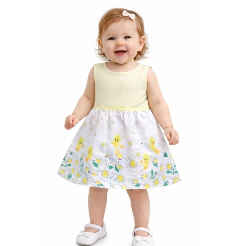 ​Vestido Festa Momi Bebê Novo Etiqueta | Piu-Piu Looney Tunes | Tam 12-18 Meses | Luxo Amarelo Xadrez