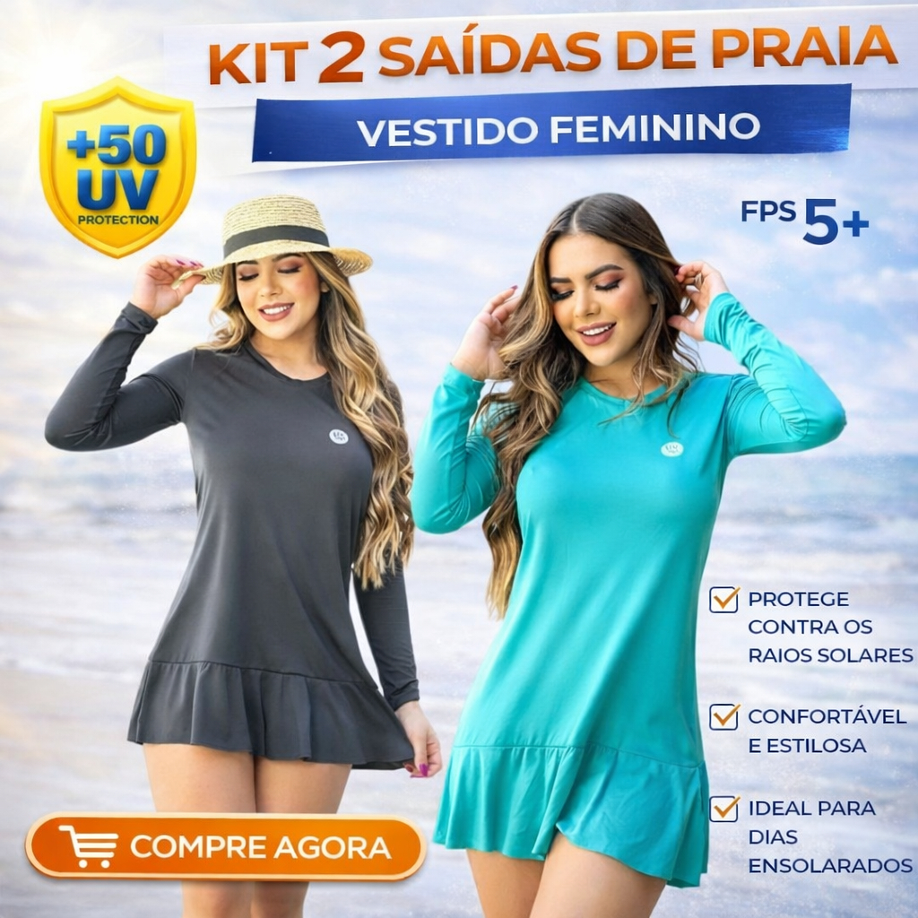 Kit 2 Saídas de Praia Vestido Feminino com Proteção Solar UV 50+ FPS