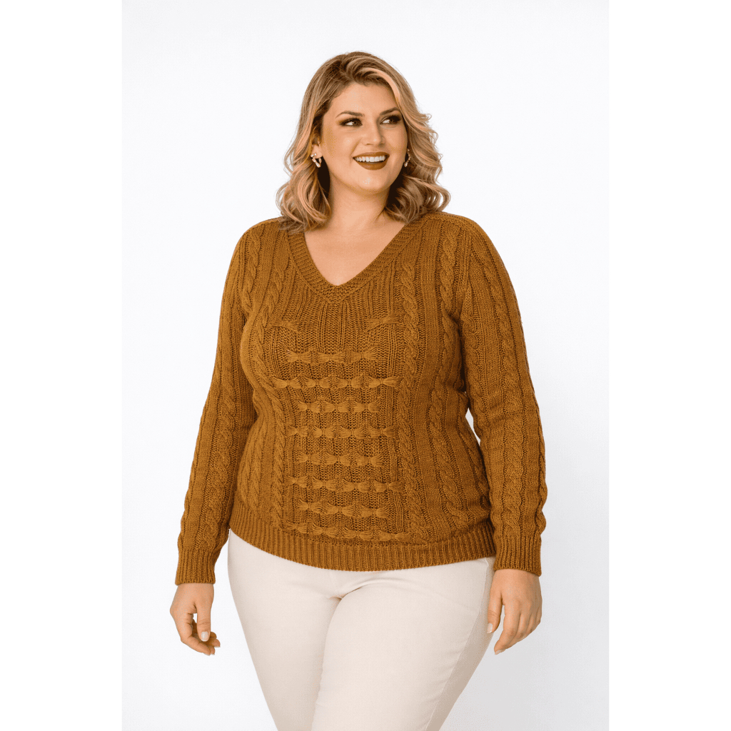 Blusa Tricot Plus Size Decote V Lacinhos - Giuliana Marques Tricot - Tam G