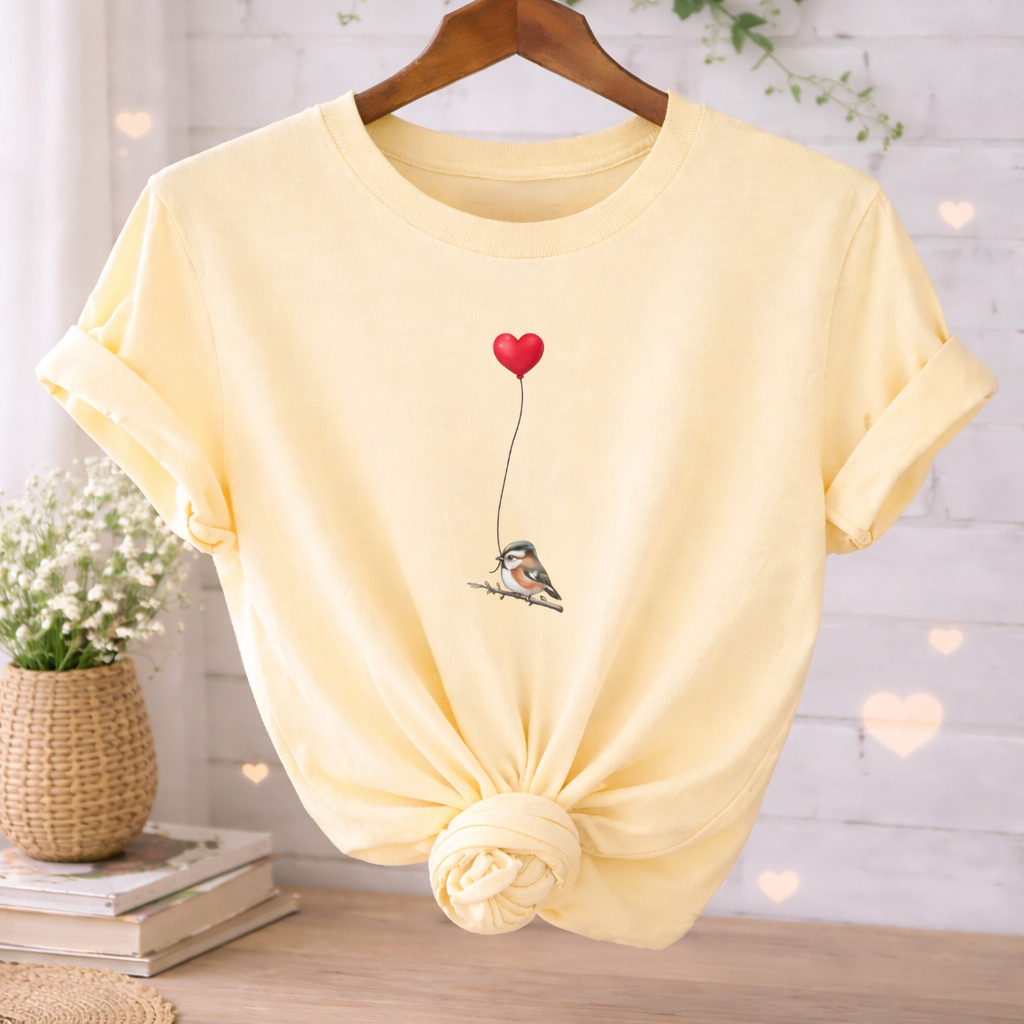 Camiseta Unissex Coração Passarinho Estampada Delicada Aesthetic Camiseta Casual Confortável