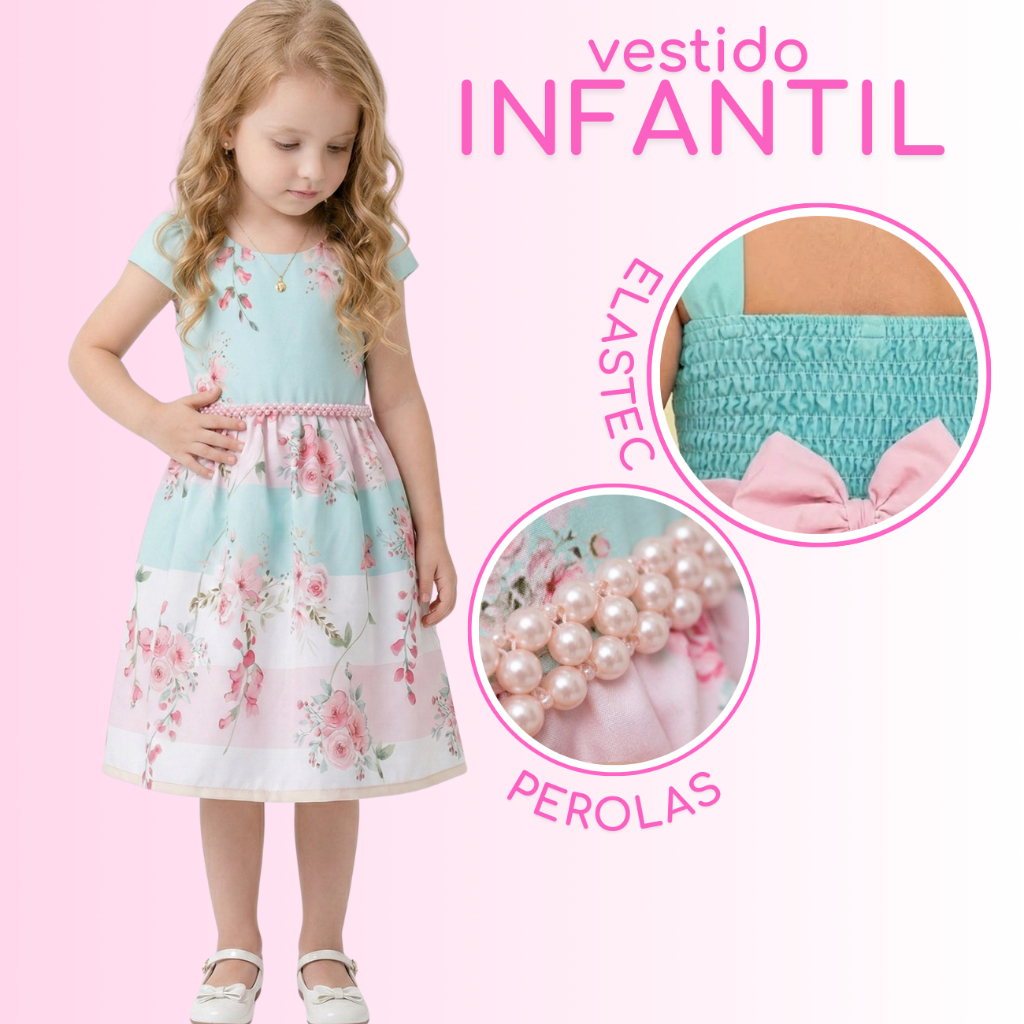 Vestido Infantil Floral Luxo, Perolado, Eventos, Delicado, Evangelico, Para Igreja Rosa Verde Agua Flores