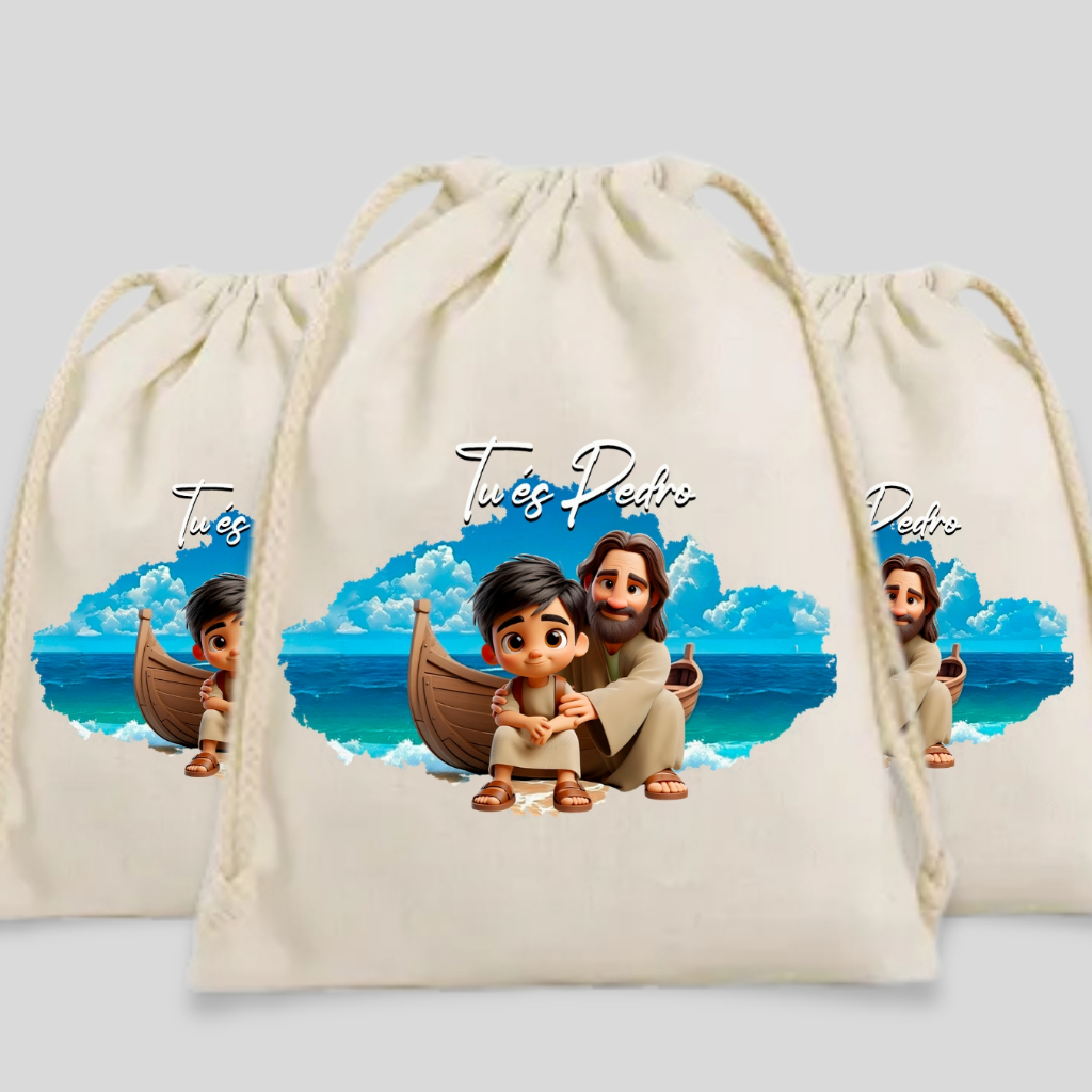 Saquinhos de Algodão Cru Tema “Tu És Pedro” | Lembrancinha de Aniversário Infantil Personalizada Festa Infantil