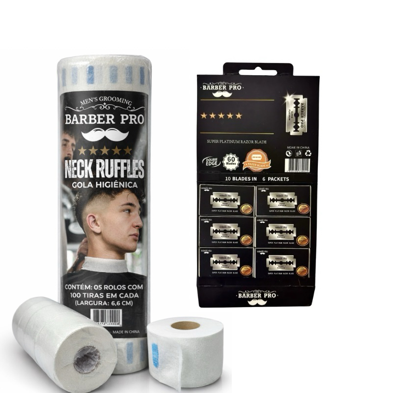 Kit Barber PRO Gola Higiênica c/ 5 Rolos + 1 Cartela Lâminas Super Platinum 60 und