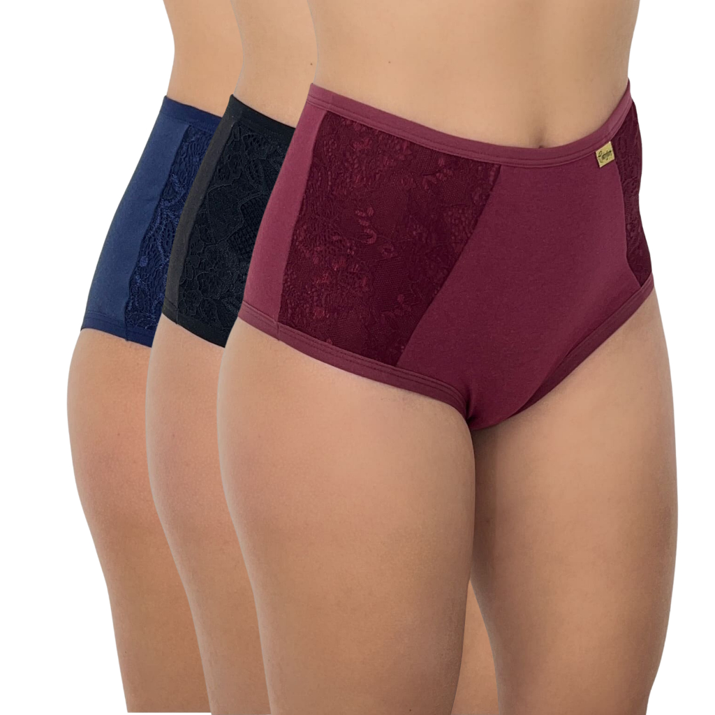Kit Calçola Cotton Plus Size Cintura Alta Senhora Calcinha Feminina Algodão com Renda Atacado