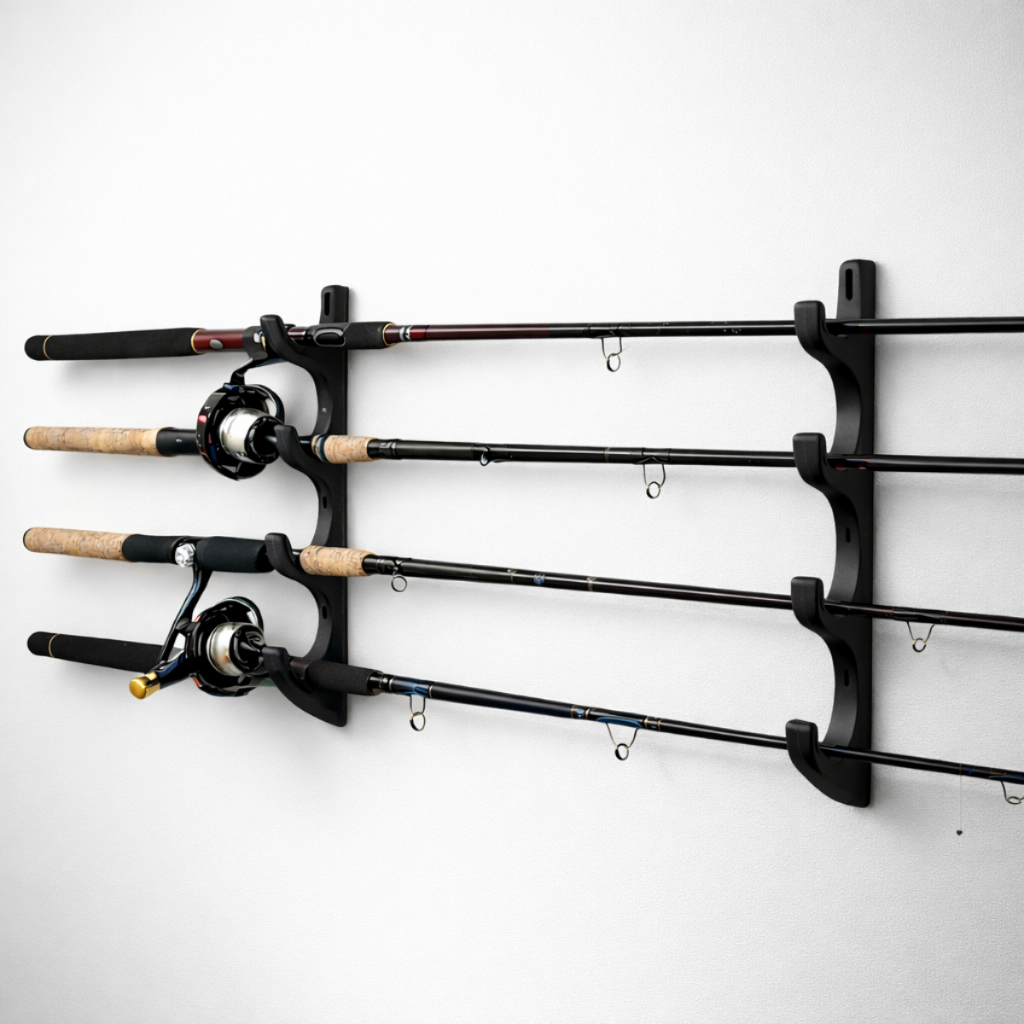 Suporte Vara Pesca Parede Pendurar Expositor 4 Varas Caniço Molinete Horizontal Stick Rack