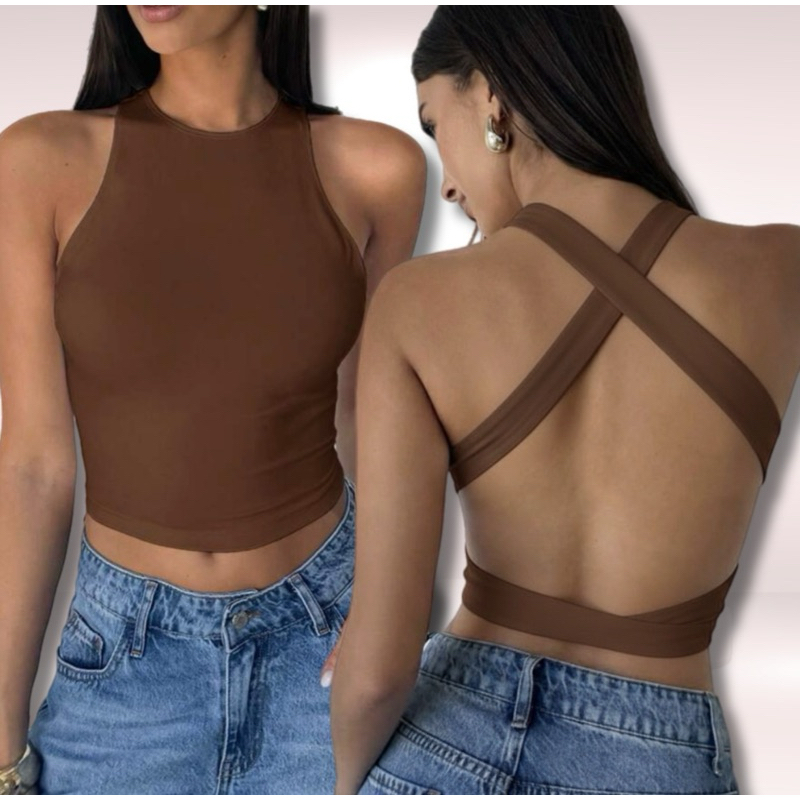 Cropped Regata Feminino Suplex Decote Cruzado Nas Costas Com Bojo Costa Aberta Gringa Estilosa em Oferta na Shopee