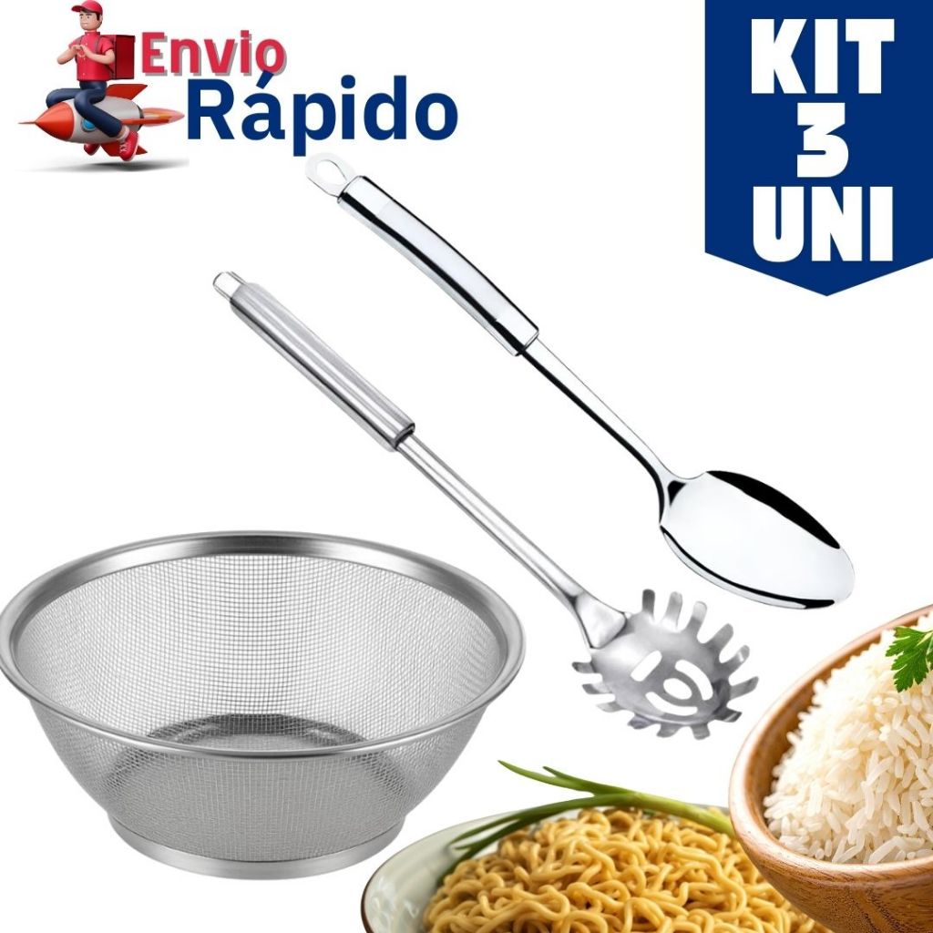 Kit 3 Peças: Pegador de Massas, Colher de Arroz + Cesto Inox 28/25/22cm Escorredor para Macarrão, Massas e Leguminosas