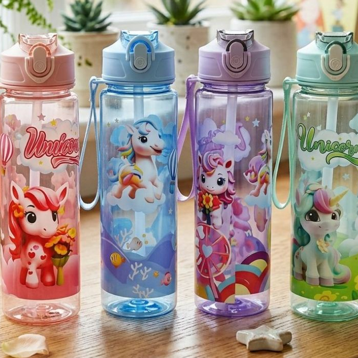 Garrafa de Água Infantil 700ml Unicórnio Com Canudo de Silicone – Tampa Com Trava de Segurança e Alça Para Escola em Oferta na Shopee
