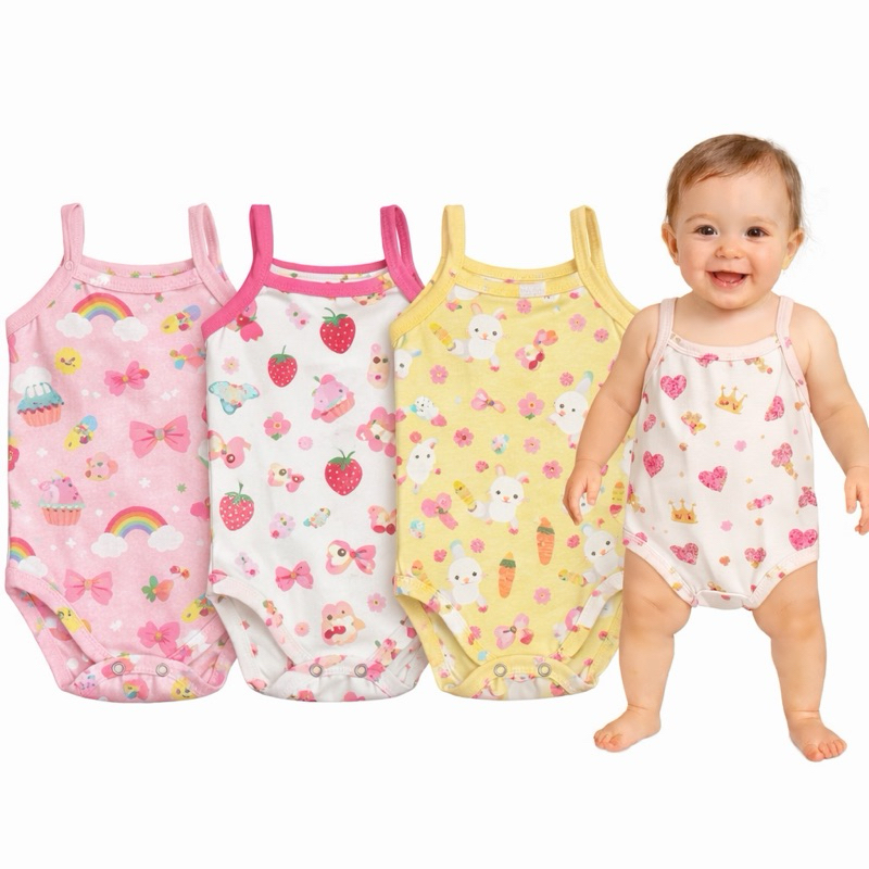 Kit com 3 Body Bebe Menina Alcinha Algodão Roupa de Bebê Conjunto Borys para Bebê do P ao G Ragata Infantil Regatinha