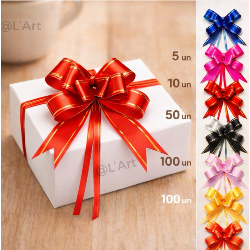 Kit 5/10/50/100 Laços facil Para Presente Pronto em Cetim Com Filete Dourado Tamanhos P / M e G