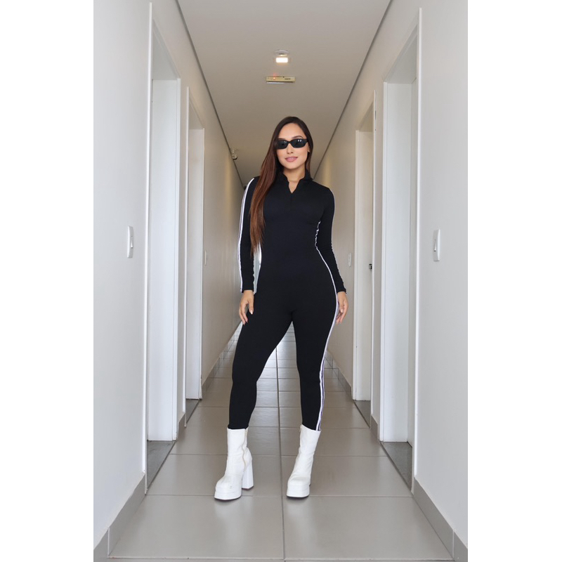 Macacão Longo Casual Chic com listra