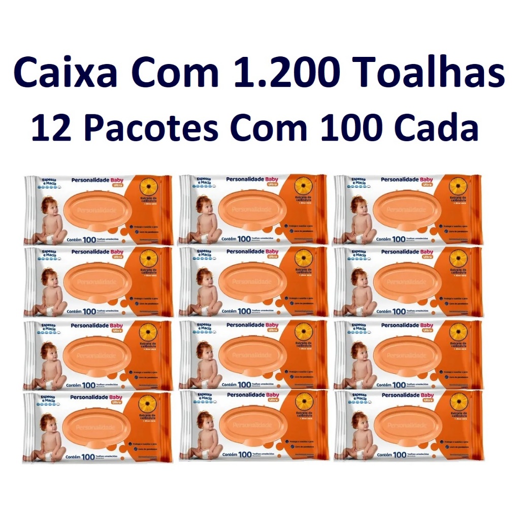 Kit C/1200 Lenços Toalhas Umedecidas Personalidade Baby Ultra, 12 Pacotes C/100 Toalhas Cada