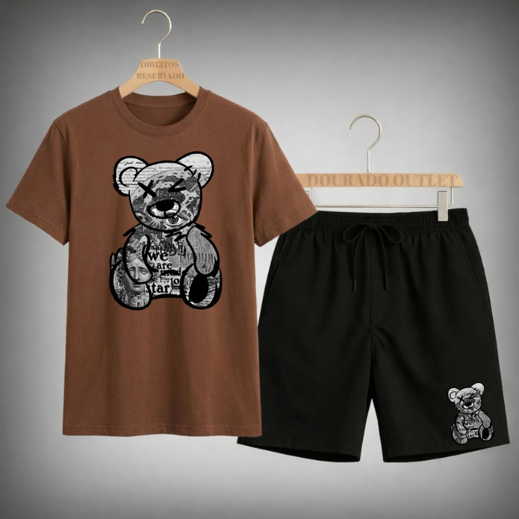 Conjunto Camiseta + Shorts Mauricinho Masculino URSO CINZA Lançamento Alta Qualidade Exclusivo Primavera Verão