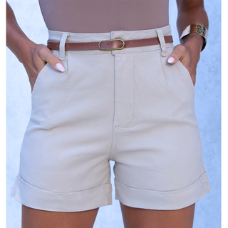 Short Sarja Feminino Alfaiataria com Lycra e Cinto Cintura Alta Bolso Faca Barra Virada  Premium em Oferta na Shopee