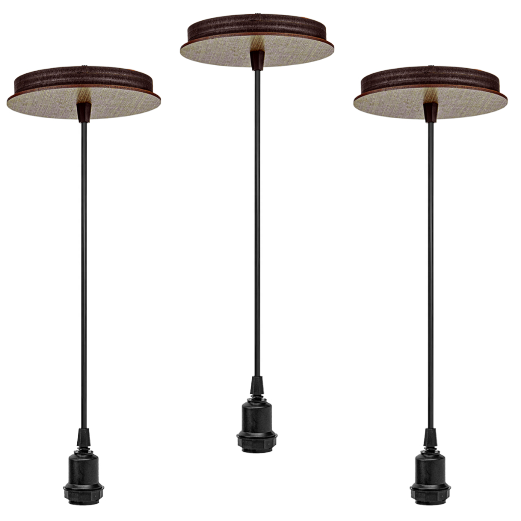 Kit 3 Pendente De Teto Fio 1 Metro | Soquete E-27 Modelo Canopla Madeira MDF Bivolt Luz LED