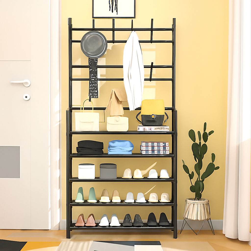 Prateleira Organizadora 5 Níveis Preta Sapateira Vertical Multiuso Closet Lavanderia Hall +8 Ganchos