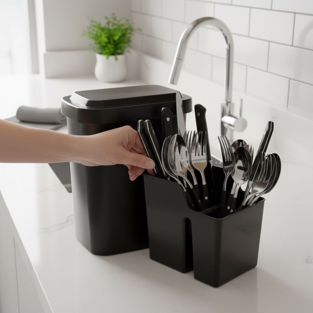 Kit Pia Funcional Preto 2 Peças - Lixeira 4L c/ Tampa Retrátil + Porta Detergente Econômico - Organizador Compacto