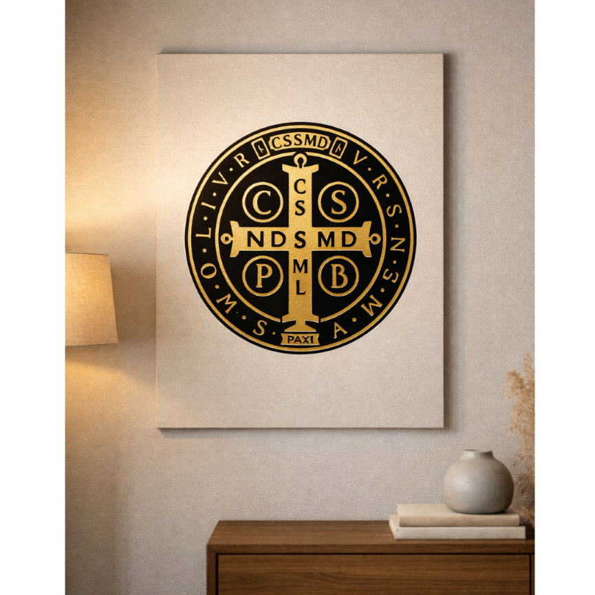 Quadro Decorativo 1 Peça Medalha São Bento Religioso Católico Proteção Oração Moderno Fé Santo Arte