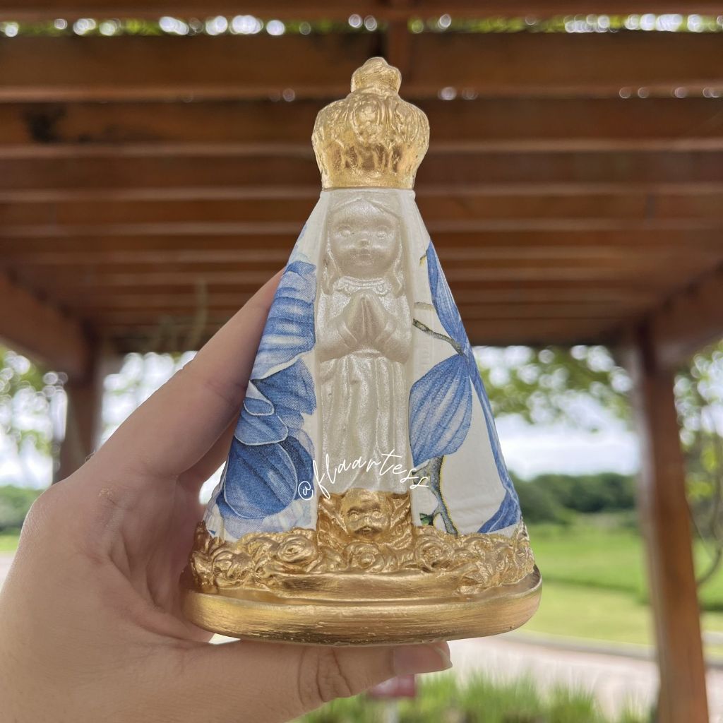 Nossa Senhora Aparecida Baby 15cm Decoupage Azul Com Detalhes Verdes/ Batizado/ Lembrança/Casamento
