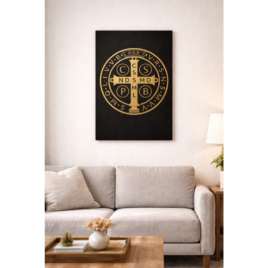 Quadro Decorativo 1 Peça Medalha São Bento Religioso Católico Proteção Oração Dourado Fé Santo Arte