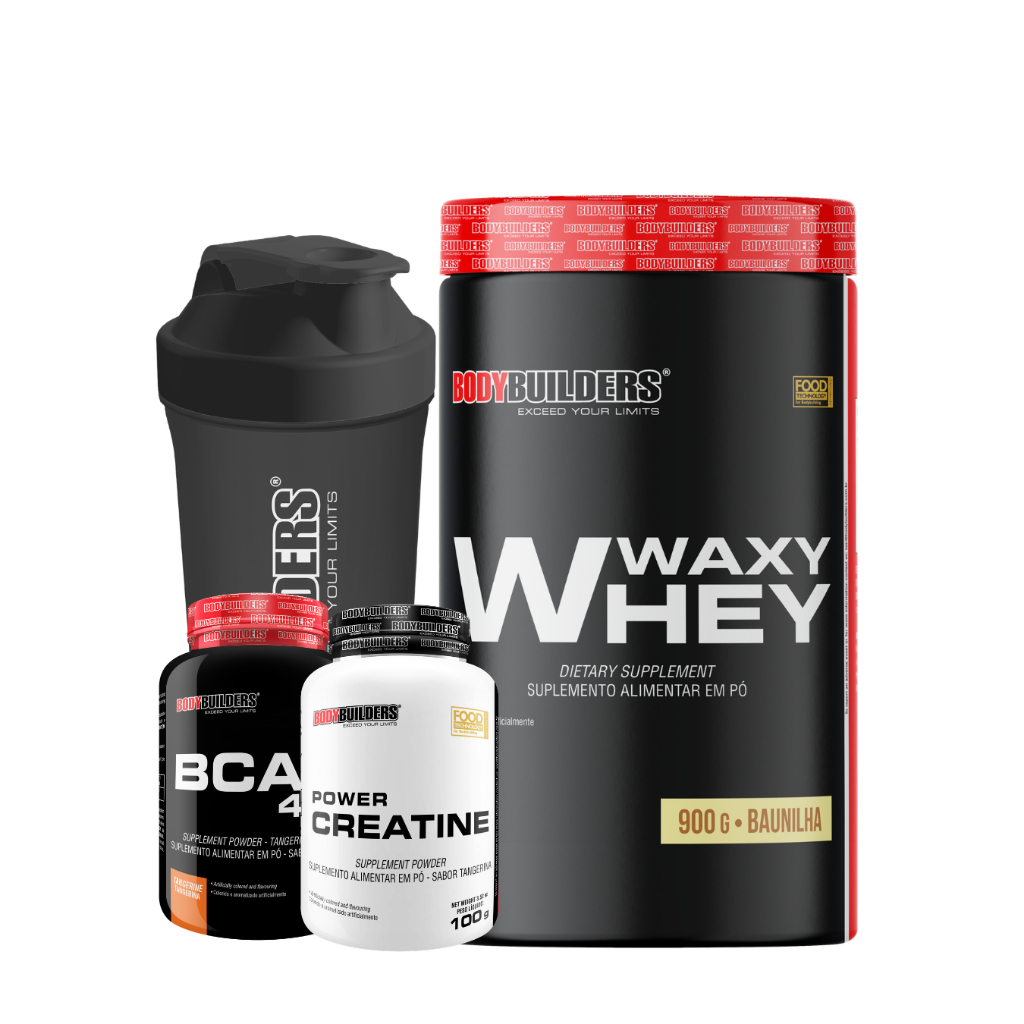 Kit Waxy Whey 900g + BCAA 4,5g 100g + Power Creatina 100g + Coqueteleira 600ml - Bodybuilders em Oferta na Shopee
