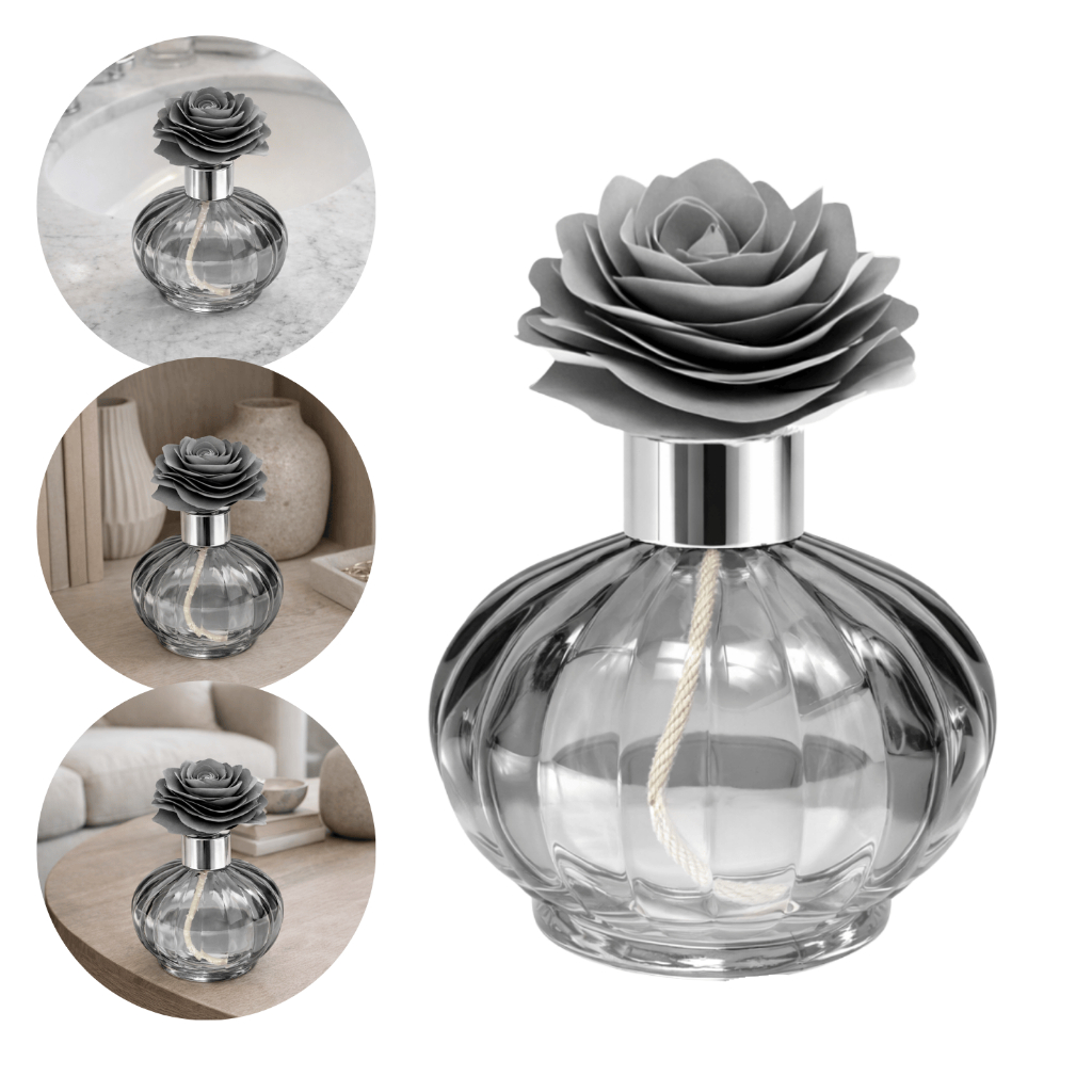 Frasco Difusor Fumê de Ambiente Vidro 240ml Premium com Flor Decorativa e Tampa Prata