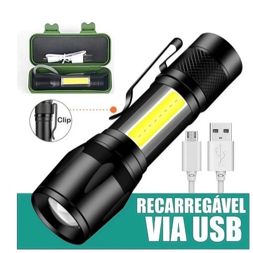 Mini lanterna tática de bolso com LED E Zoom Bateria Recarregável