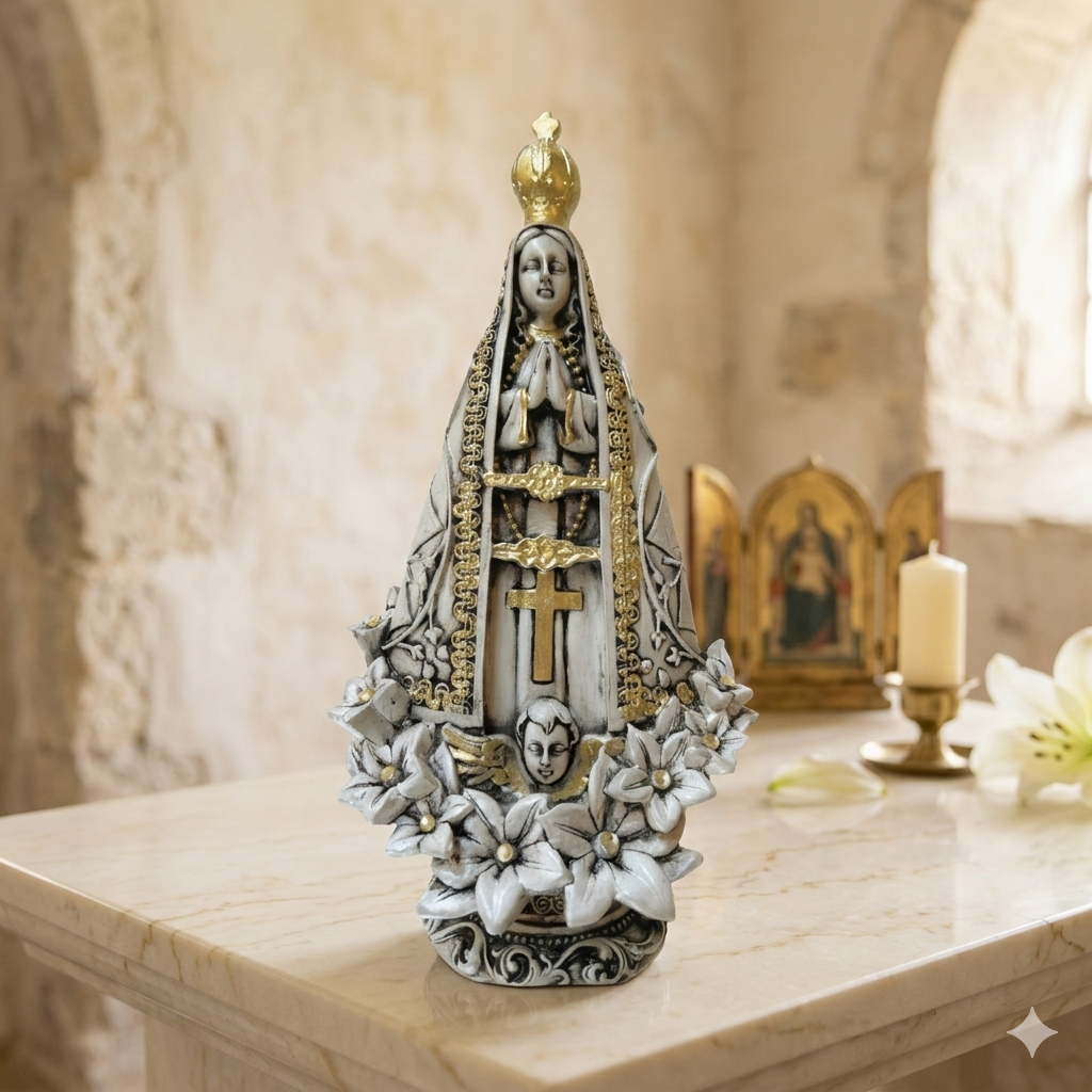 Nossa Senhora Aparecida 21cm em Gesso Marmorizado e Dourado Imagem Sacra Religiosa Decorativa