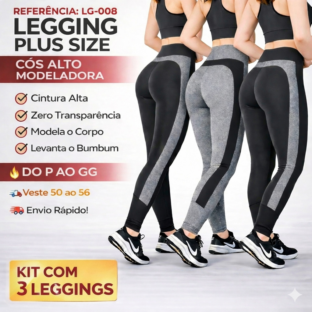Kit 3 Calças Legging Feminina Cintura Alta Suplex Compressão Modeladora Academia Fitness P ao GG