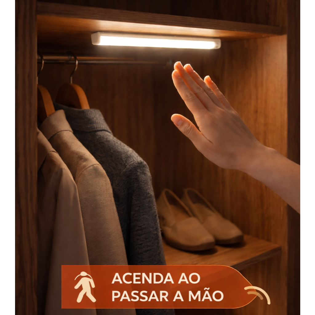 Luminária LED Bastão com Sensor de Presença USB 30cm 50cm Luz Fria Armário Cozinha Guarda Roupa Magnética
