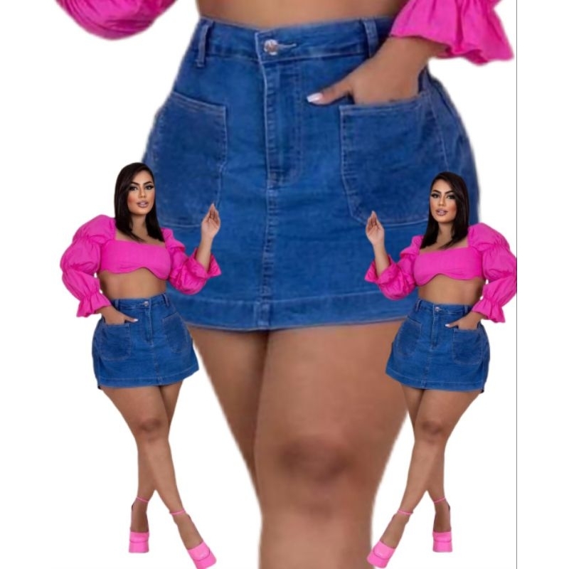 Short Plus Size Jeans Feminino Com Elastano Short Saia Cintura alta  Cos alto Elastico moda Fashio