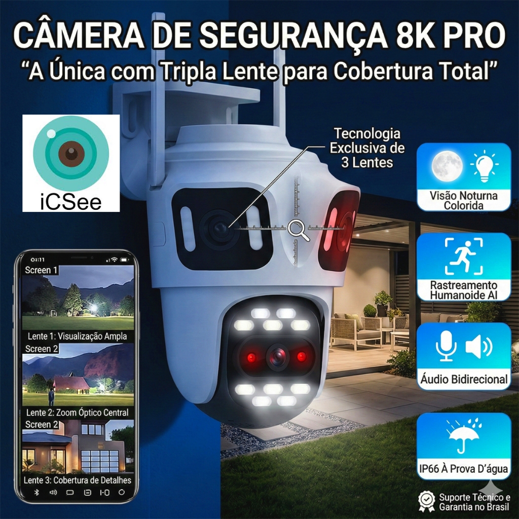 Câmera De Segurança 3 Lentes Wi-Fi 8K Full HD 360° IP66 Com Sirene Visão Noturna Externa Microfone em Oferta na Shopee