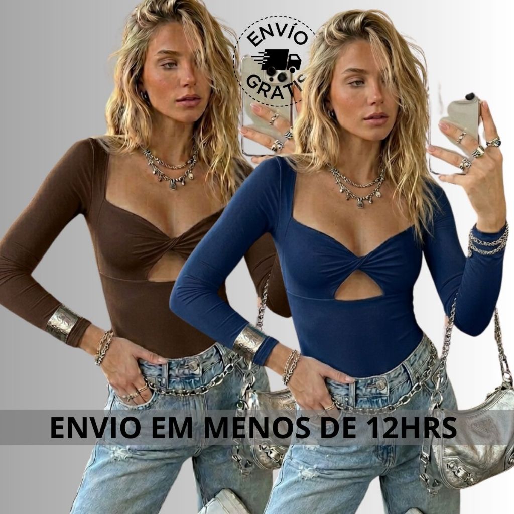 Body Feminino estiloso Lançamento Moda Gringa suplex NÓ MANGA LONGA bori boddy Bari noite baladinha.