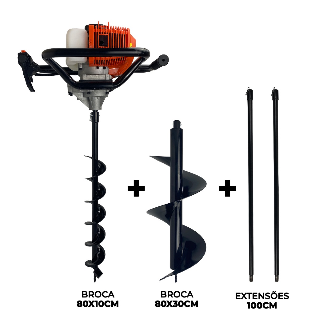 Perfurador de Solo a Gasolina Profissional com Brocas e Extensor 52cc 2,5HP FAK520PS Carbon Fak
