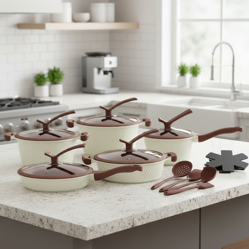 Jogo de Panelas Indução Cerâmica Granito Premium Tampa Silicone Soft Touch Texturizado