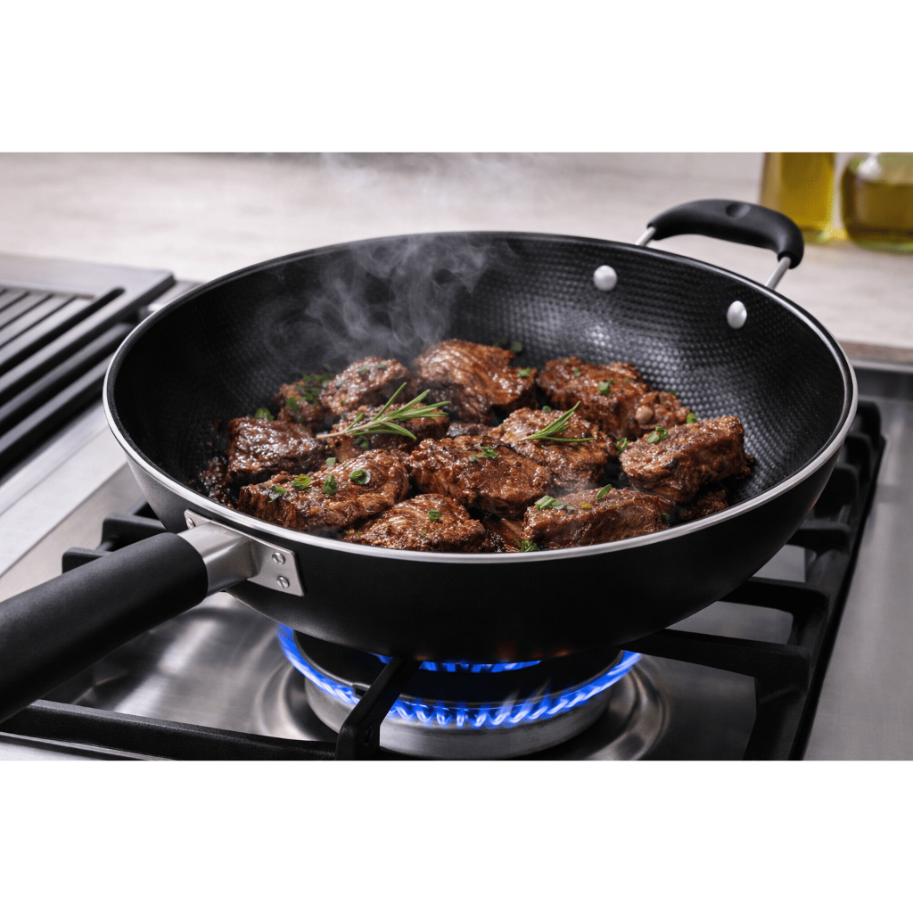 Imagem Frigideira Grande Profissional Wok 34cm Antiaderente Carne Peixe Frutos do Mar Legumes salteados Fratelli Preta