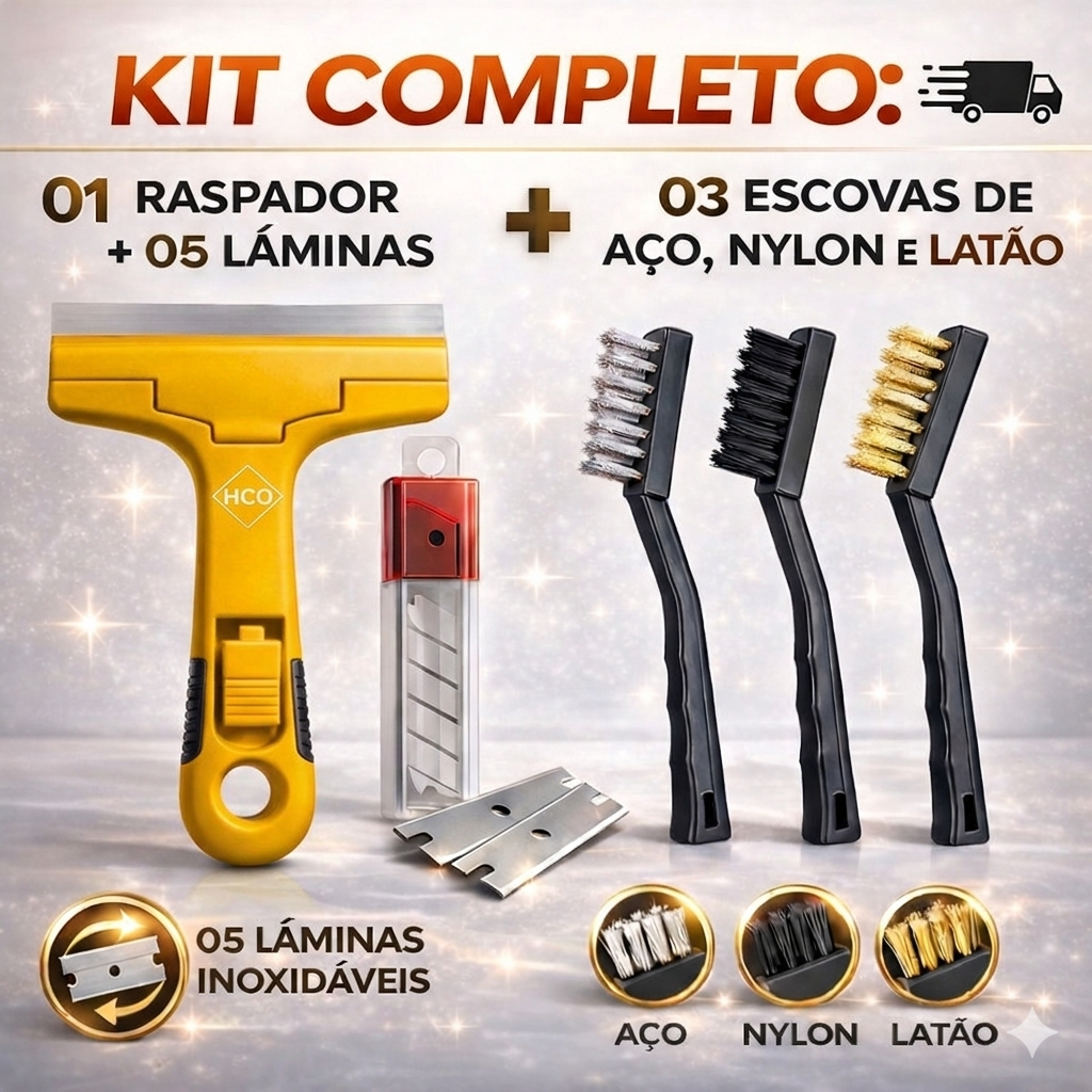 Kit com 1/2 ou 3 Raspador Multiuso + 3 Escovas de Aço, Nylon e Latão + 6 Lâminas Profissional / Limpeza Pesada