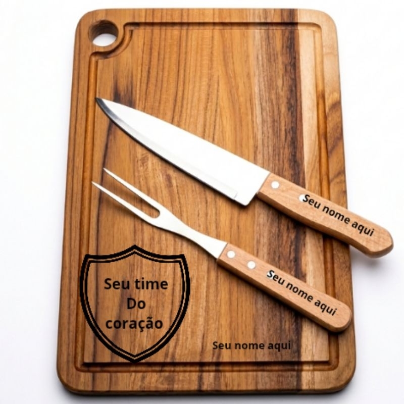Kit Churrasco Personalizado Com Seu Time e Nome Tábua faca e garfo madeira Teca premium