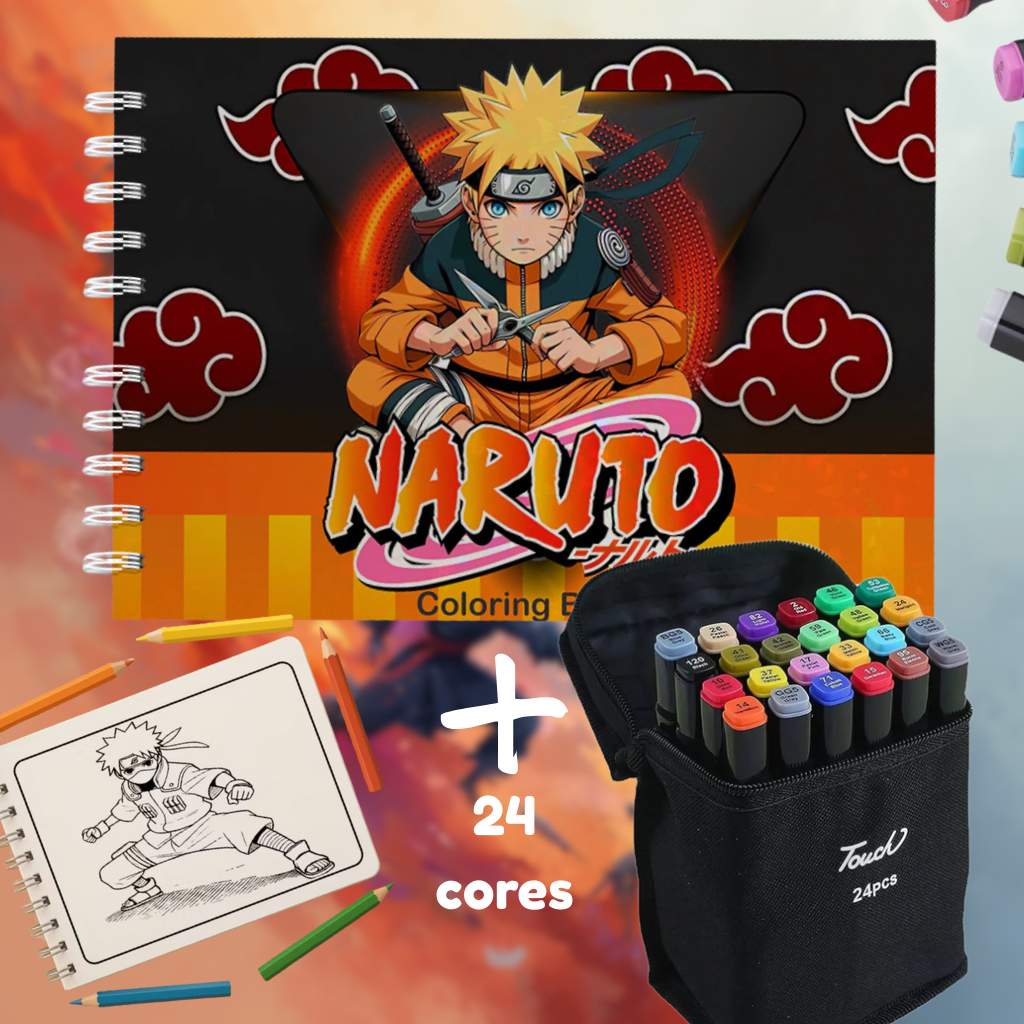 Kit Livro de Colorir Naruto + 24 Canetas Touch Para Colorir
