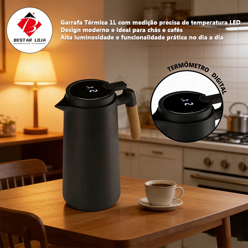 BESTAR LOJA Garrafa Térmica 1 Litro Com Termômetro Led Para Chás / Café Design Modern 1000lm