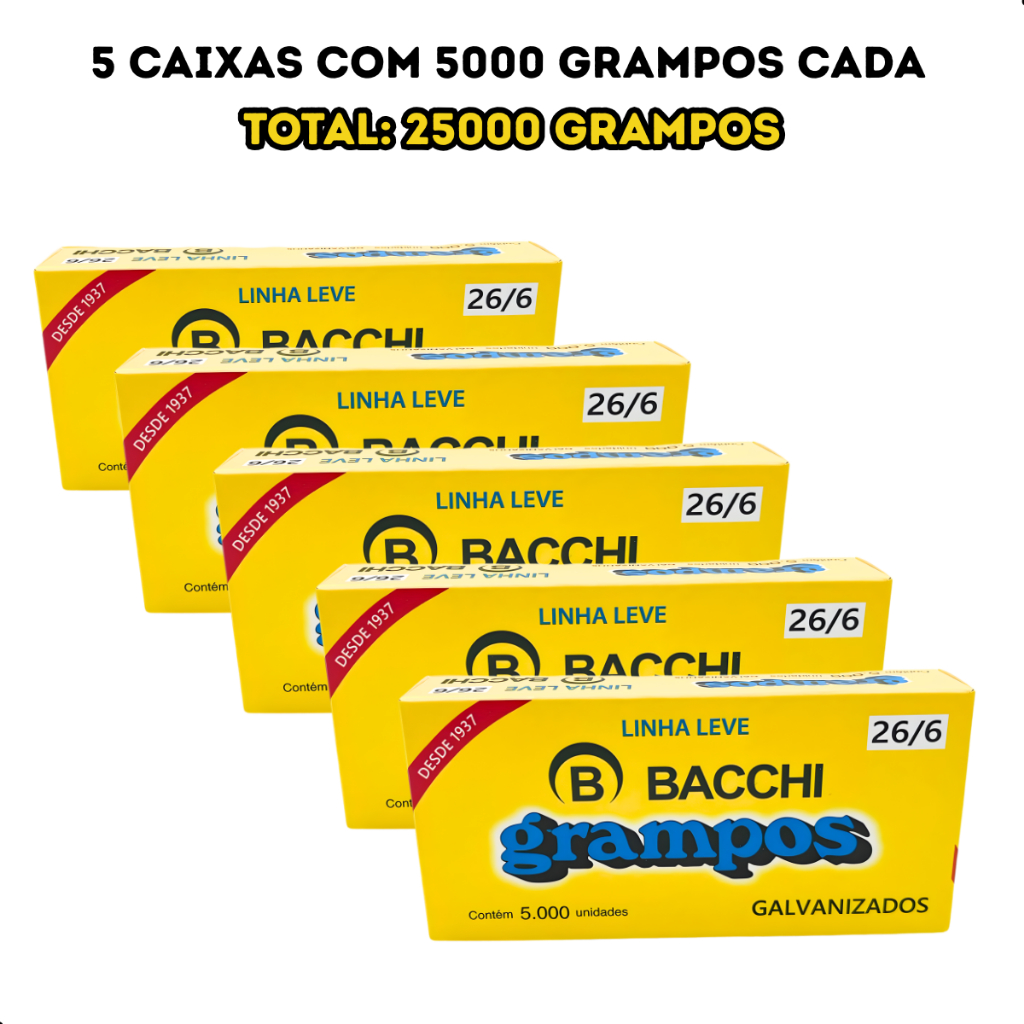 Kit 5 Grampo 26/6 Bacchi 25000un Para Grampeador Escritório Papelaria Alta Fixação